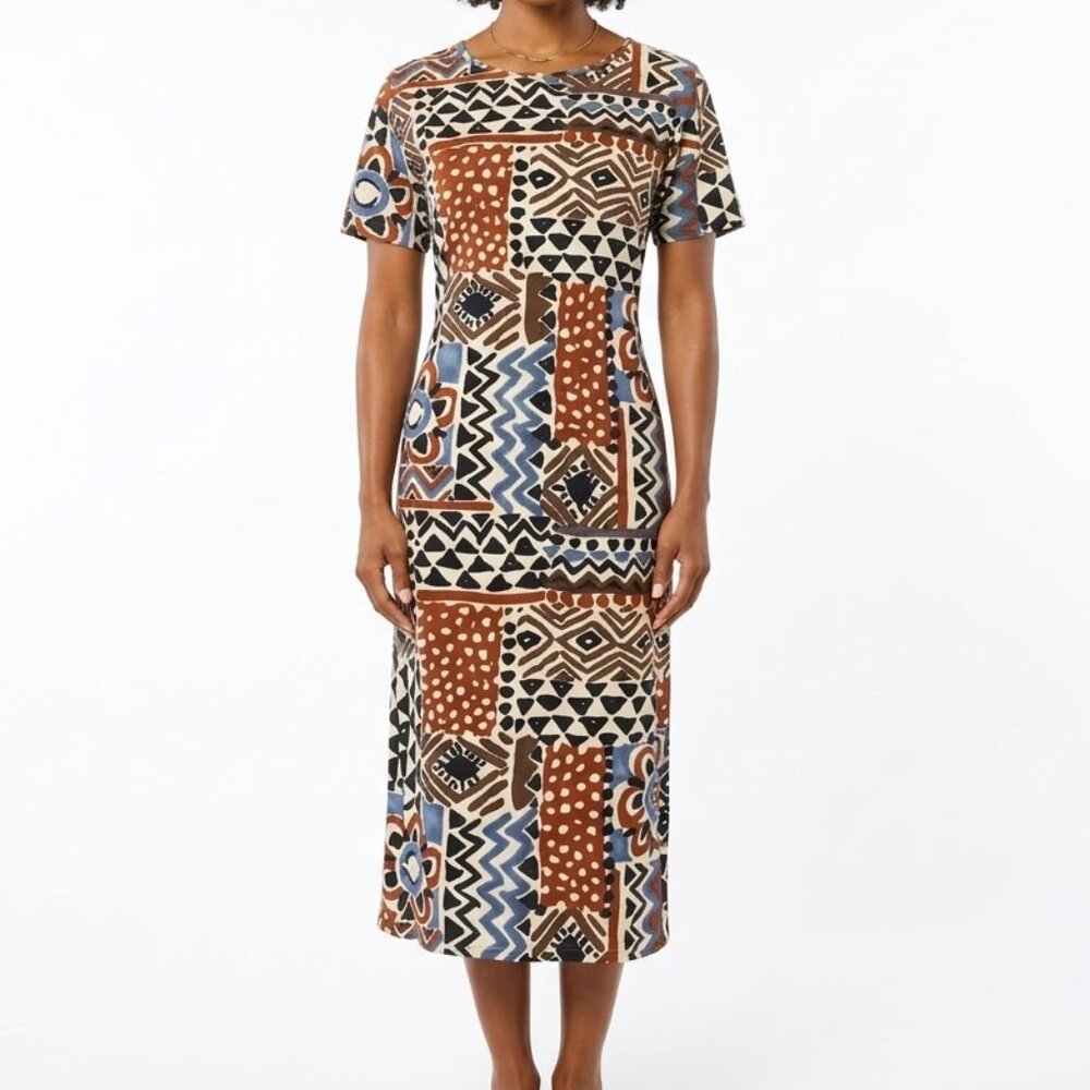 Liz & Co Vintage 90s Art Teacher Geometric Knit Midi Dress Bold Primary Print L